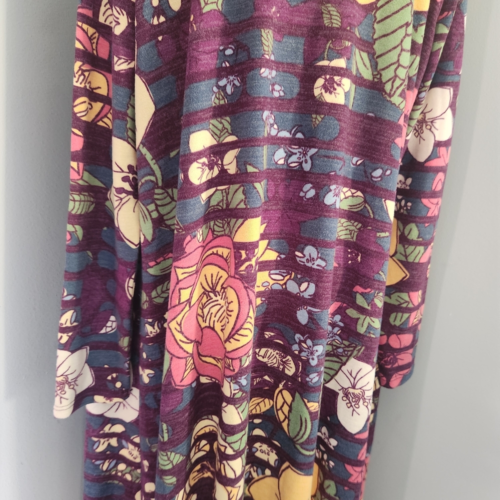 LuLaRoe Janet duster cardigan featuring a purple, floral, and Striped Pattern - Picture 10 of 14